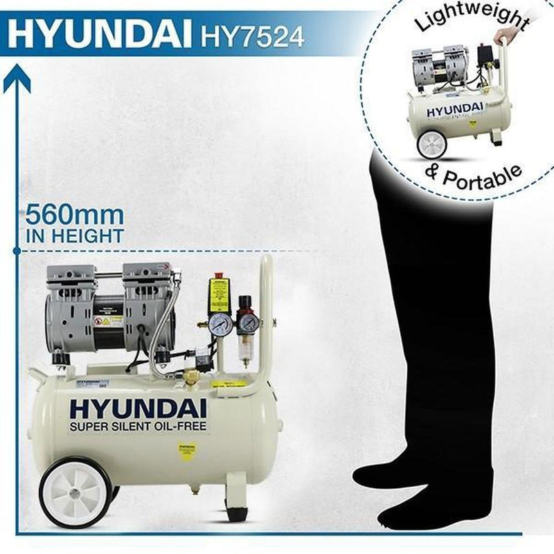 Load image into Gallery viewer, Hyundai 24 Litre Air Compressor, 5.2CFM/100psi, Silenced, Oil Free, 2 Year Warranty | HY7524-Cartec UK
