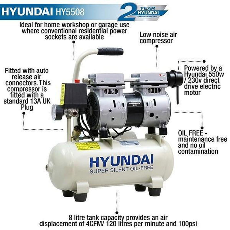 Load image into Gallery viewer, Hyundai 8 Litre Air Compressor, 4CFM/118psi, Silenced, Oil Free, 2 Year Warranty | HY5508-Cartec UK
