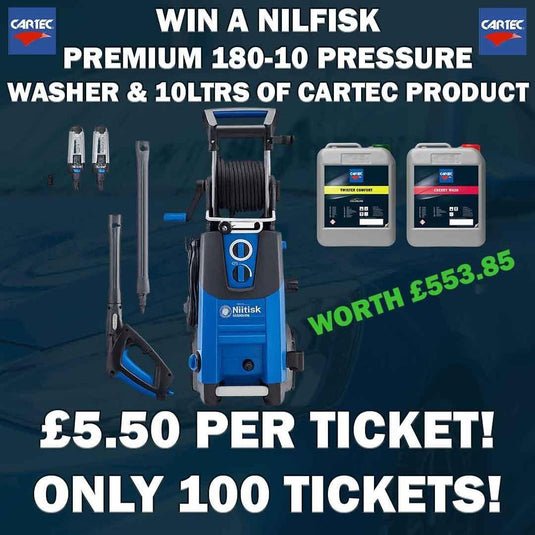 Buy a £5.50 ticket to WIN a NILFISK PREMIUM 180-10 PRESSURE WASHER & 10LTRS OF CARTEC PRODUCT-Cartec UK