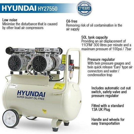 Hyundai 50 Litre Air Compressor, 11CFM/100psi, Oil Free, Low Noise, 2 Year Warranty | HY27550-Cartec UK